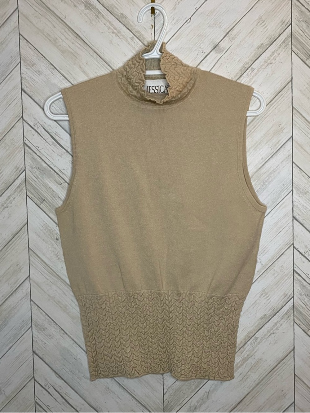 Jessica Beige Sleeveless Knit Turtleneck Top